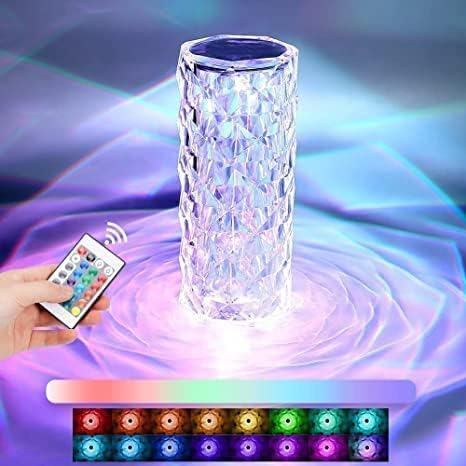 Crystal 16 Color Changing Rose Diamond Table Lamp, USB Rechargeable Touch Night Lamp with Remote Control for Bedroom, Living Room, Party Decor - LED