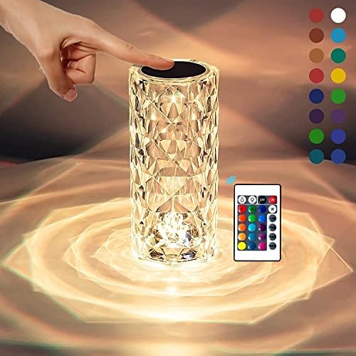 Crystal 16 Color Changing Rose Diamond Table Lamp, USB Rechargeable Touch Night Lamp with Remote Control for Bedroom, Living Room, Party Decor - LED